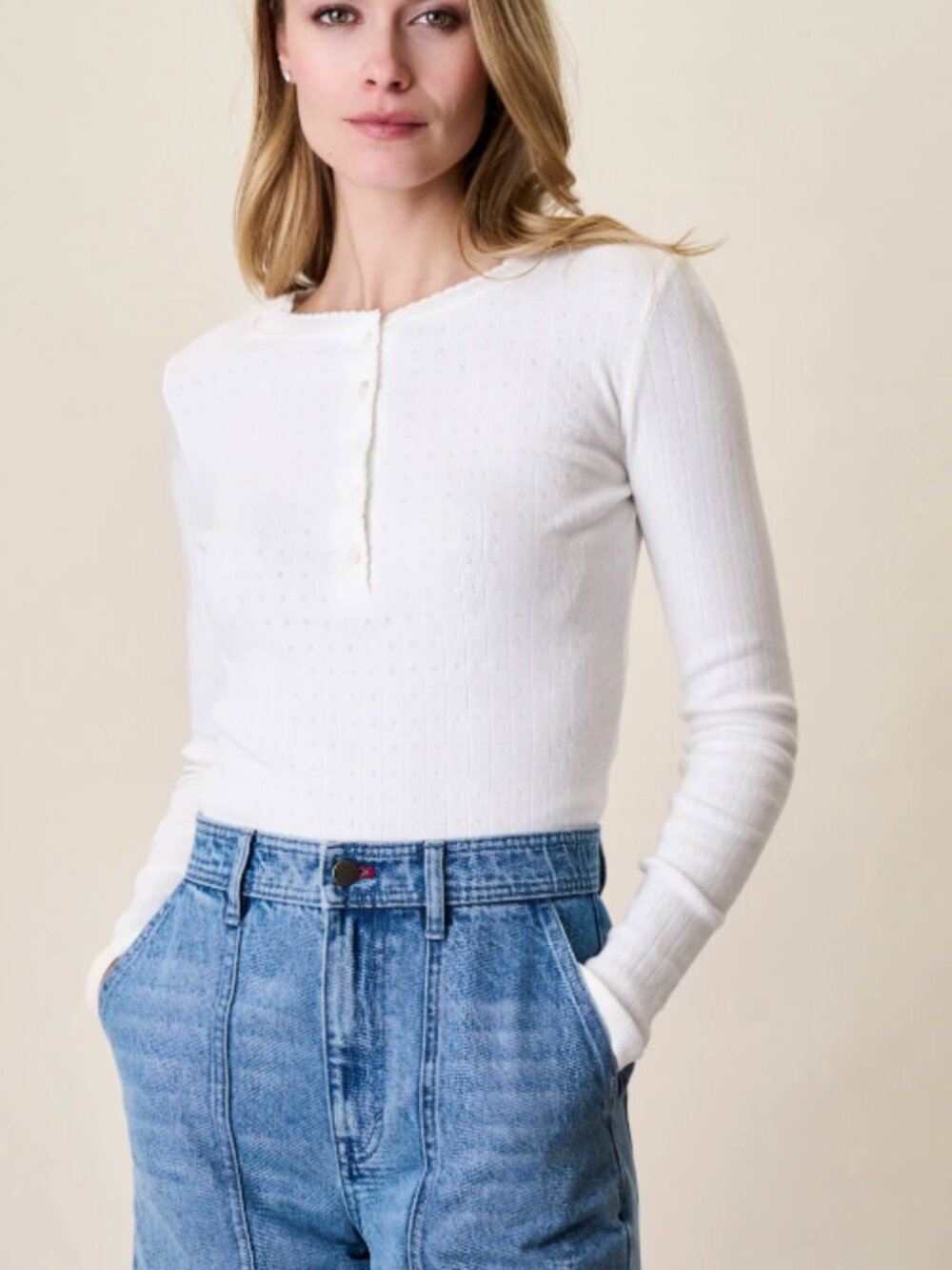 Marea Liz Joy White Pointelle Long Sleeve Henley- Size Large